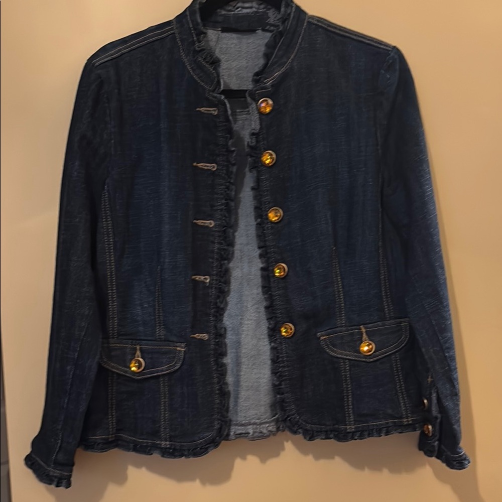 Petite Sophisticate Blue and Gold Jean Jacket with Mandarin Collar